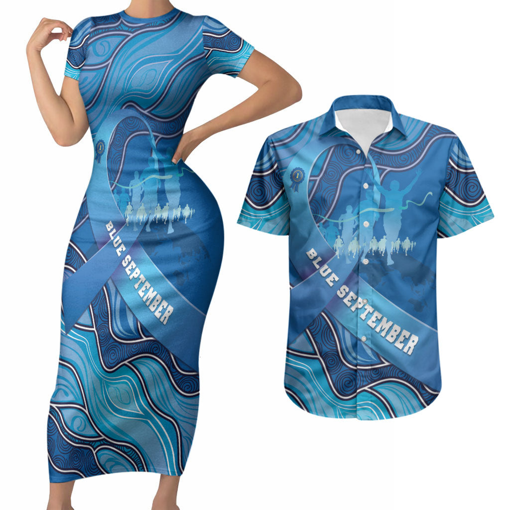 Australia Blue September Running Couples Matching Short Sleeve Bodycon Dress and Hawaiian Shirt Blue Ribbon I'm Running For My Dad
