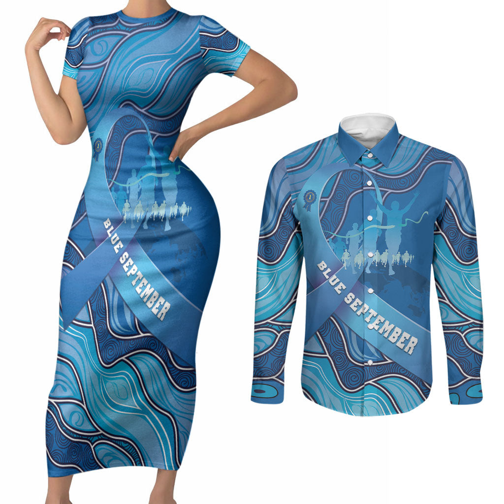 Australia Blue September Running Couples Matching Short Sleeve Bodycon Dress and Long Sleeve Button Shirt Blue Ribbon I'm Running For My Dad