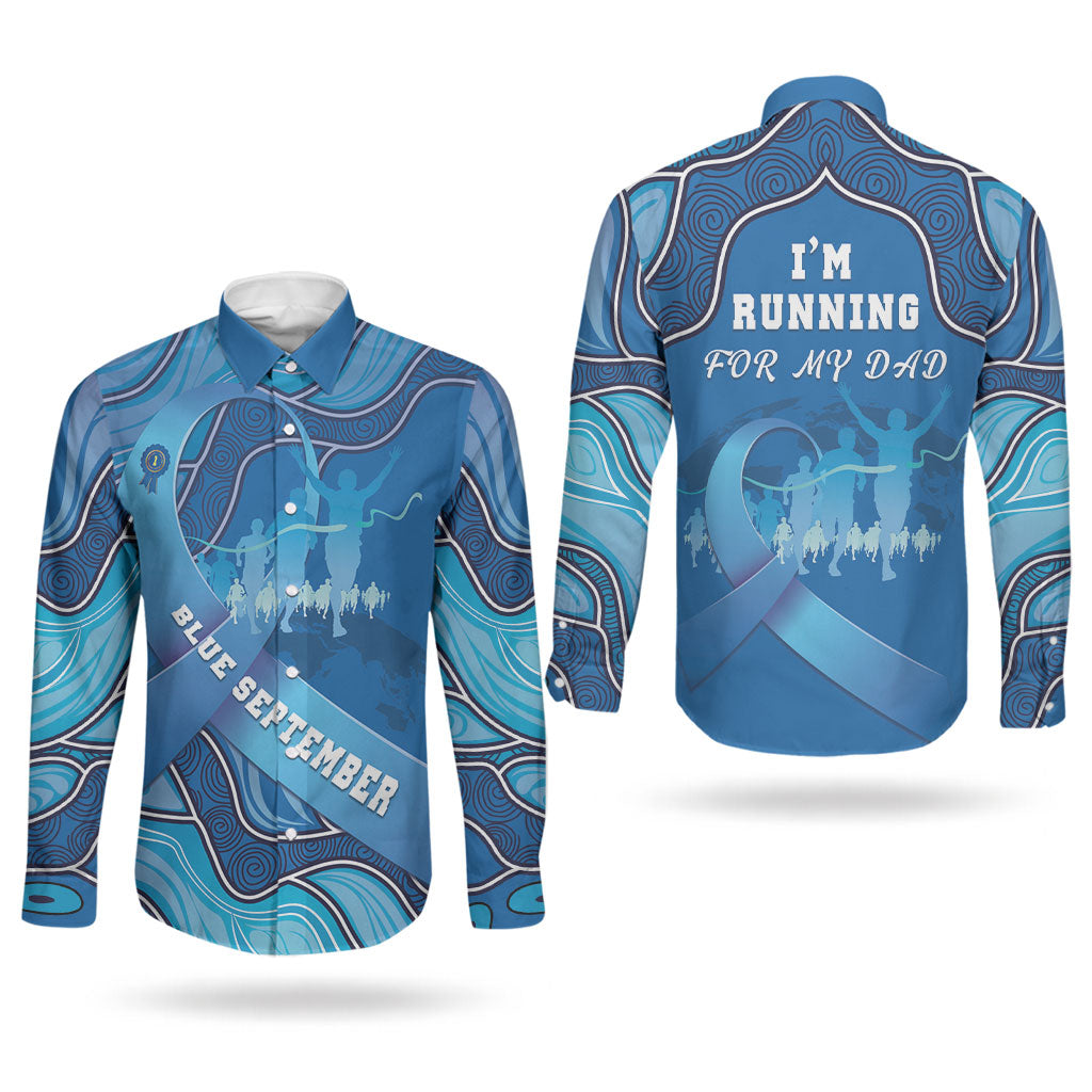 Australia Blue September Running Couples Matching Short Sleeve Bodycon Dress and Long Sleeve Button Shirt Blue Ribbon I'm Running For My Dad