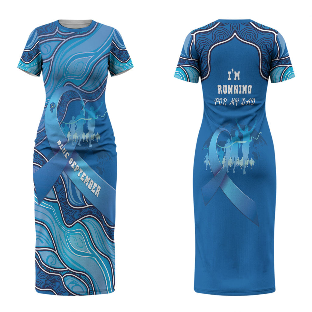 Australia Blue September Running Couples Matching Short Sleeve Bodycon Dress and Long Sleeve Button Shirt Blue Ribbon I'm Running For My Dad