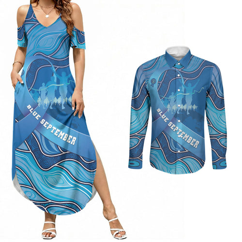 Australia Blue September Running Couples Matching Summer Maxi Dress and Long Sleeve Button Shirt Blue Ribbon I'm Running For My Dad