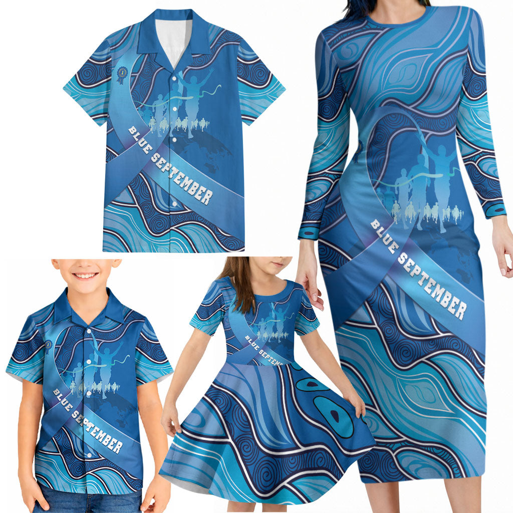 Australia Blue September Running Family Matching Long Sleeve Bodycon Dress and Hawaiian Shirt Blue Ribbon I'm Running For My Dad