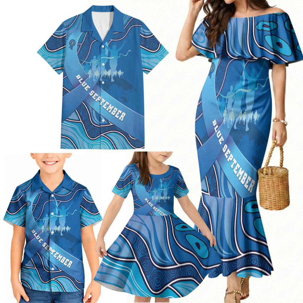 Australia Blue September Running Family Matching Mermaid Dress and Hawaiian Shirt Blue Ribbon I'm Running For My Dad