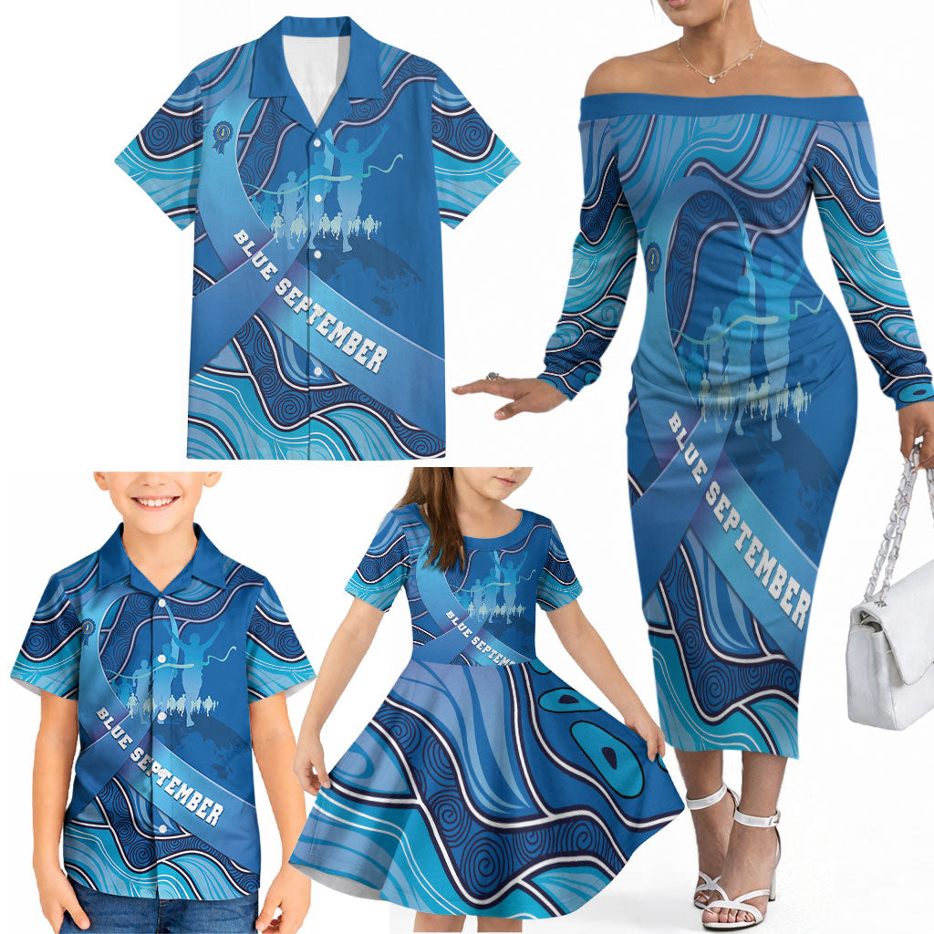 Australia Blue September Running Family Matching Off The Shoulder Long Sleeve Dress and Hawaiian Shirt Blue Ribbon I'm Running For My Dad