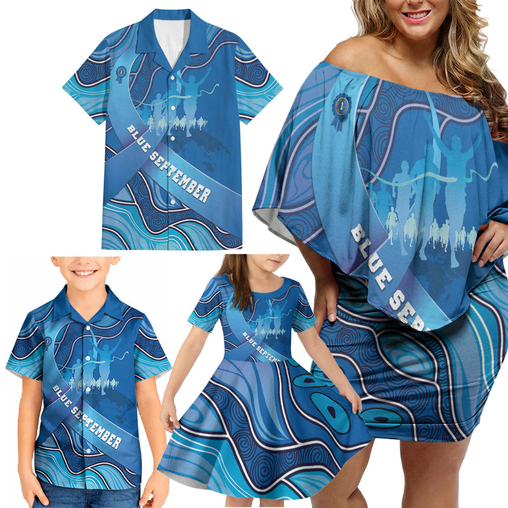 Australia Blue September Running Family Matching Off Shoulder Short Dress and Hawaiian Shirt Blue Ribbon I'm Running For My Dad