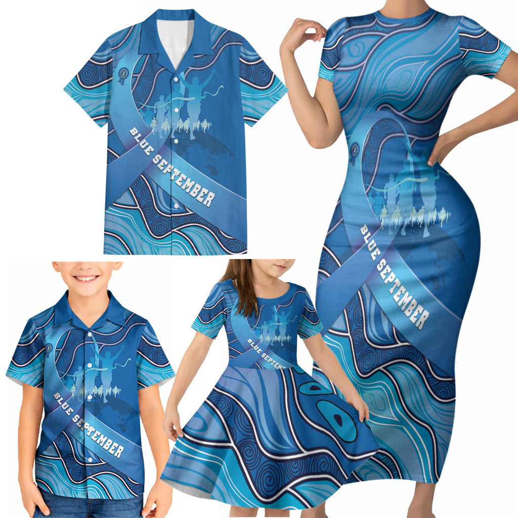 Australia Blue September Running Family Matching Short Sleeve Bodycon Dress and Hawaiian Shirt Blue Ribbon I'm Running For My Dad