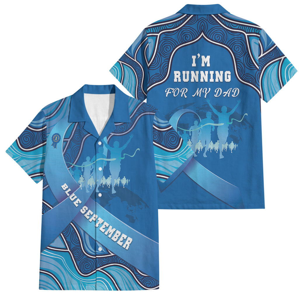 Australia Blue September Running Family Matching Short Sleeve Bodycon Dress and Hawaiian Shirt Blue Ribbon I'm Running For My Dad