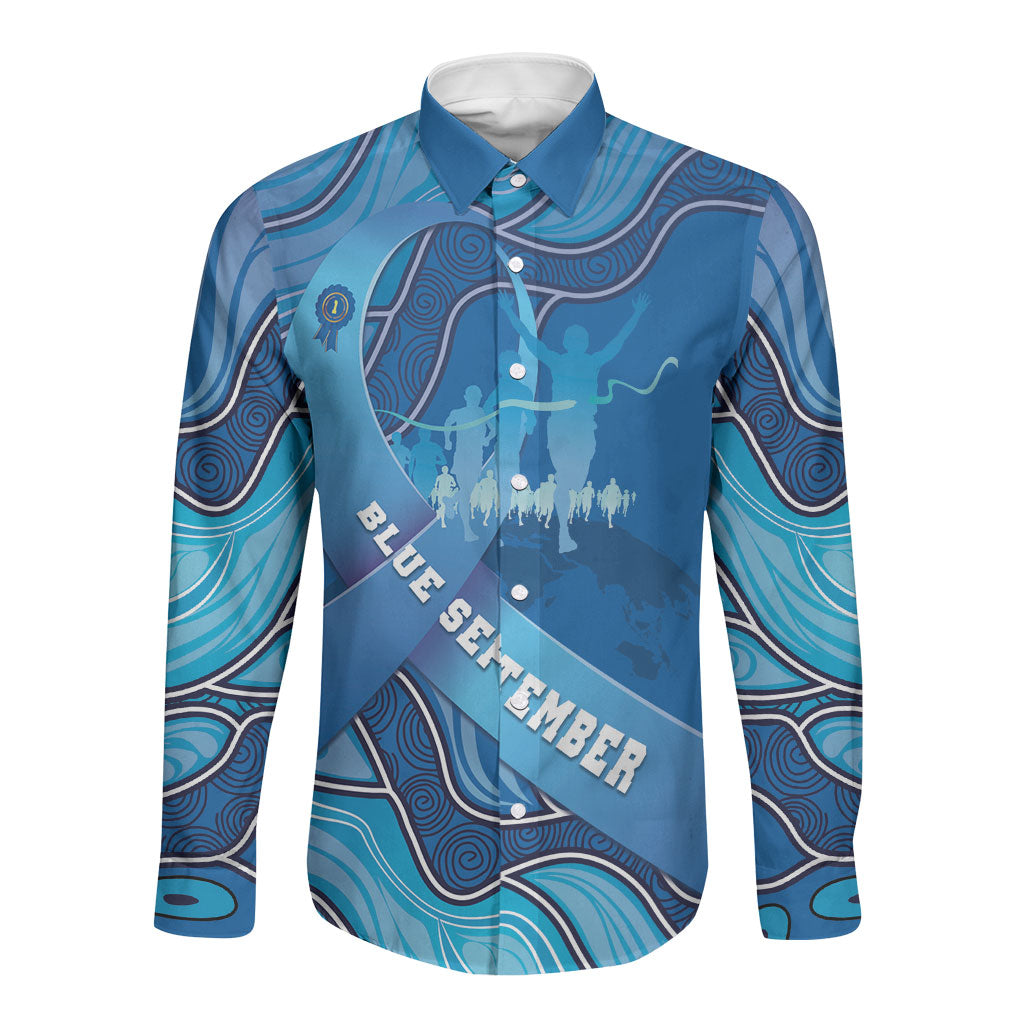 Australia Blue September Running Long Sleeve Button Shirt Blue Ribbon I'm Running For My Dad