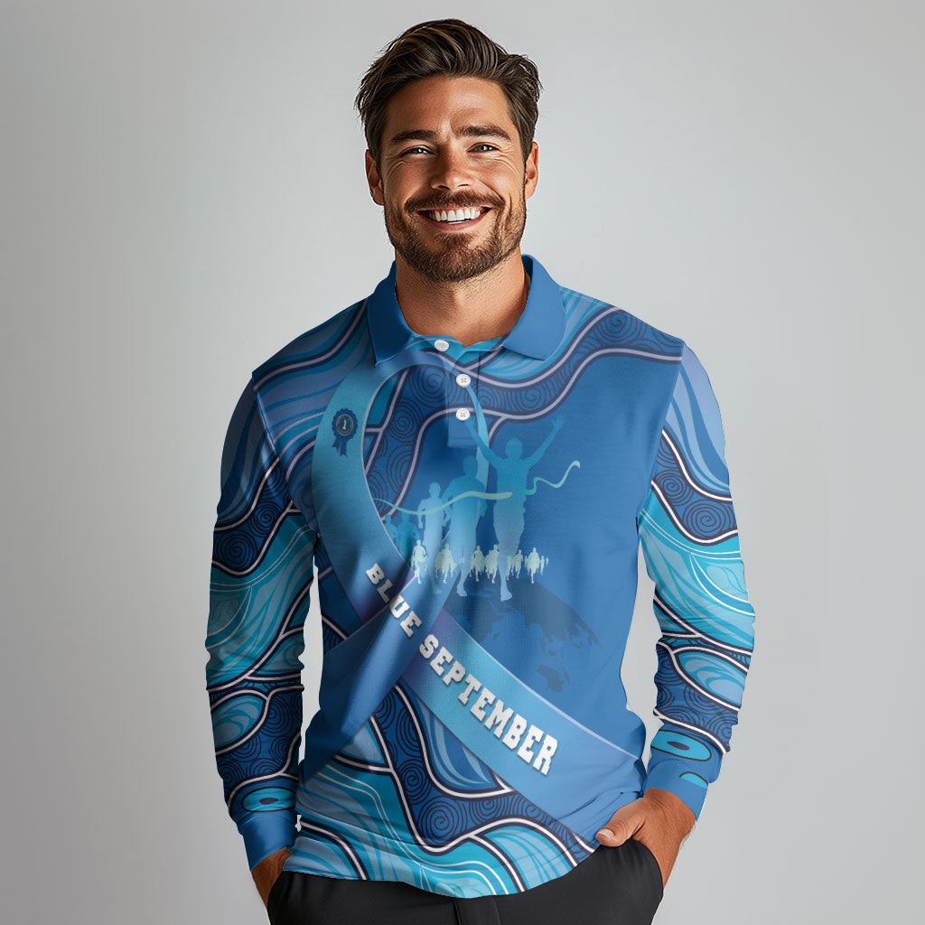 Australia Blue September Running Long Sleeve Polo Shirt Blue Ribbon I'm Running For My Dad