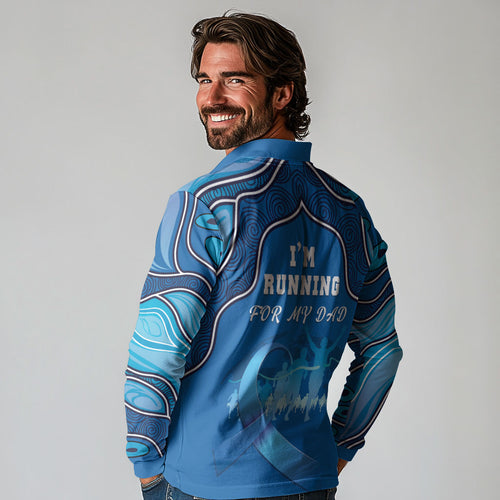 Australia Blue September Running Long Sleeve Polo Shirt Blue Ribbon I'm Running For My Dad