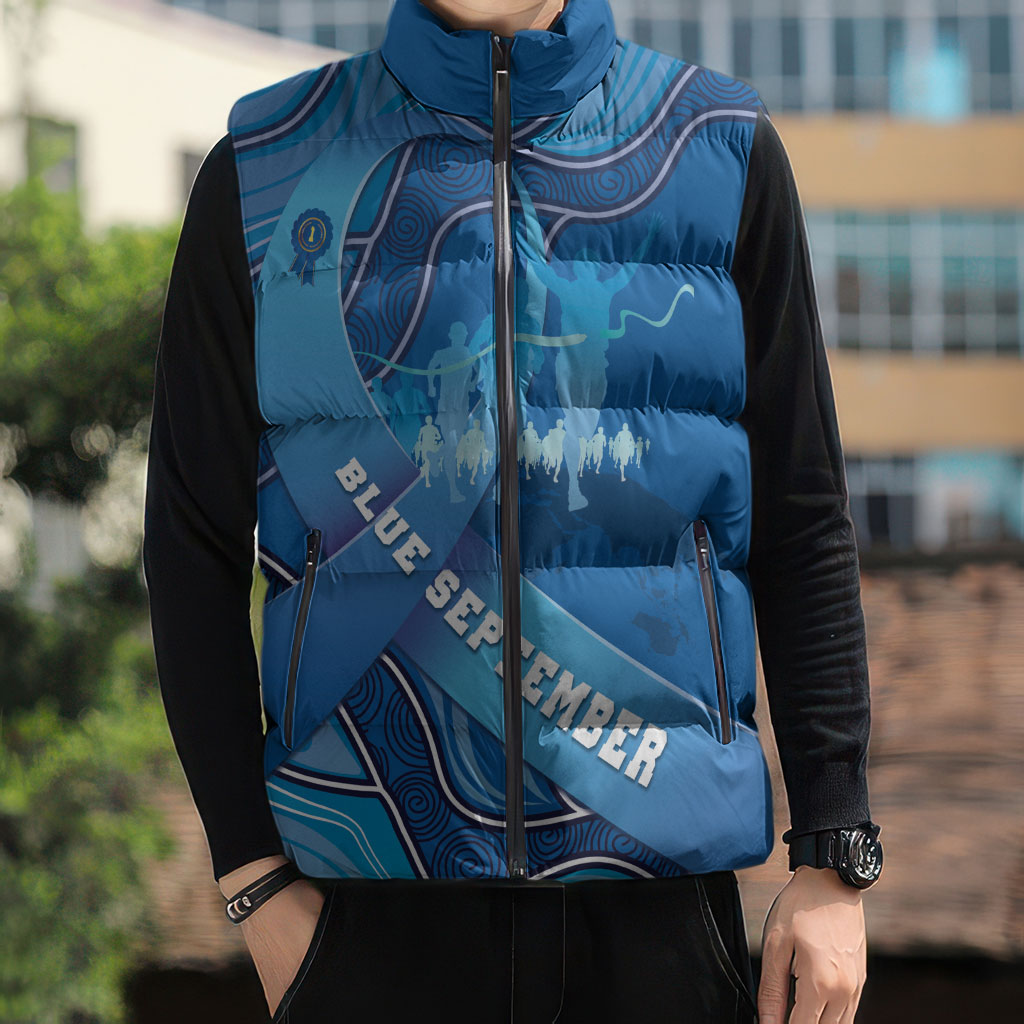Australia Blue September Running Sleeveless Puffer Jacket Blue Ribbon I'm Running For My Dad