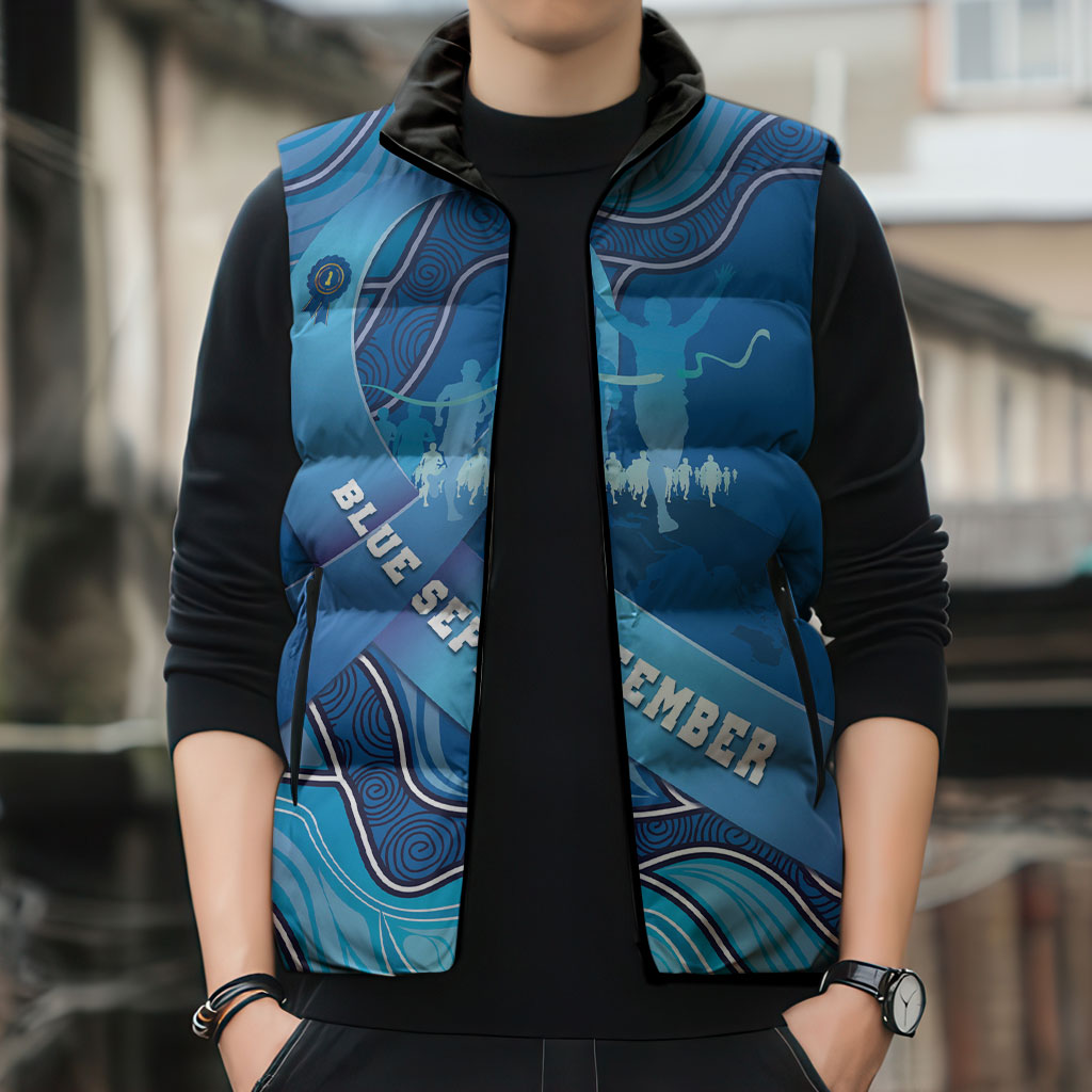 Australia Blue September Running Sleeveless Puffer Jacket Blue Ribbon I'm Running For My Dad