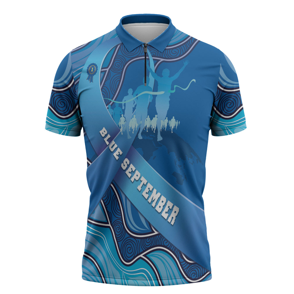 Australia Blue September Running Zipper Polo Shirt Blue Ribbon I'm Running For My Dad