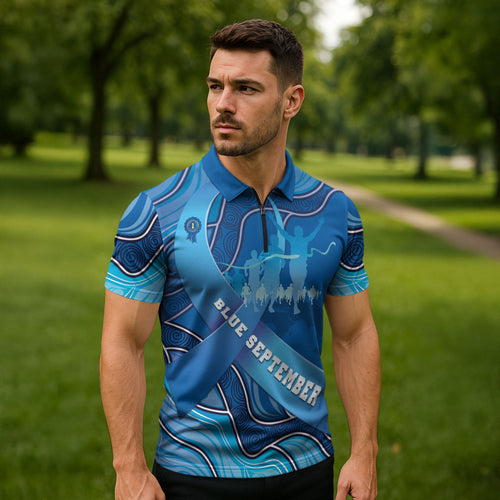 Australia Blue September Running Zipper Polo Shirt Blue Ribbon I'm Running For My Dad
