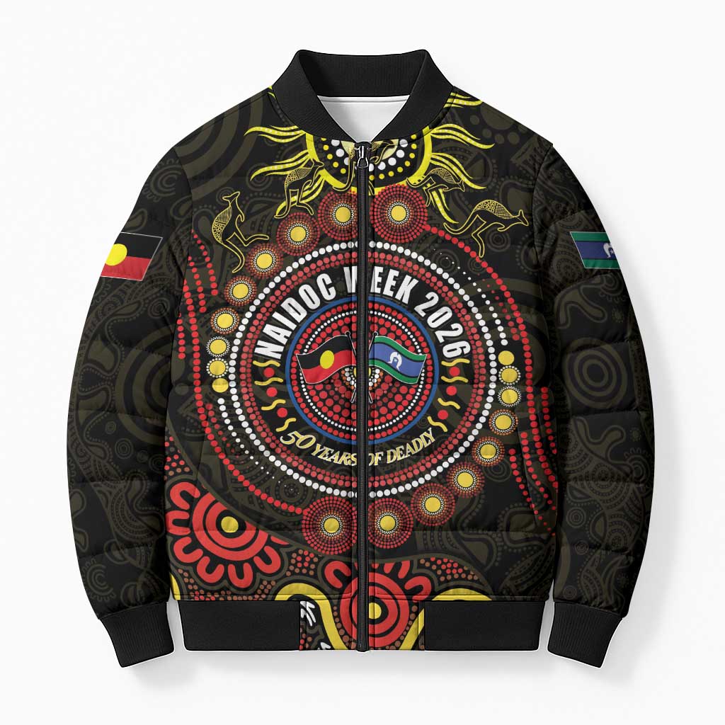 50 Years Of Deadly NAIDOC Week 2026 Bomber Puffer Jacket Aussie Kangaroo Aboriginal Art