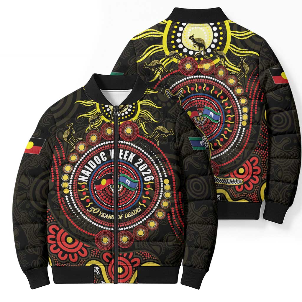 50 Years Of Deadly NAIDOC Week 2026 Bomber Puffer Jacket Aussie Kangaroo Aboriginal Art