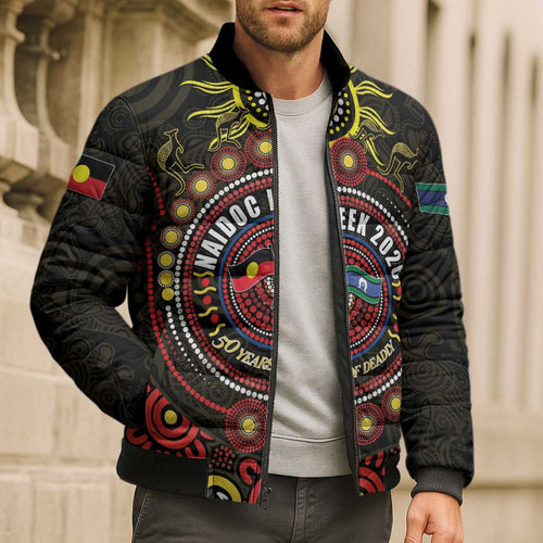 50 Years Of Deadly NAIDOC Week 2026 Bomber Puffer Jacket Aussie Kangaroo Aboriginal Art