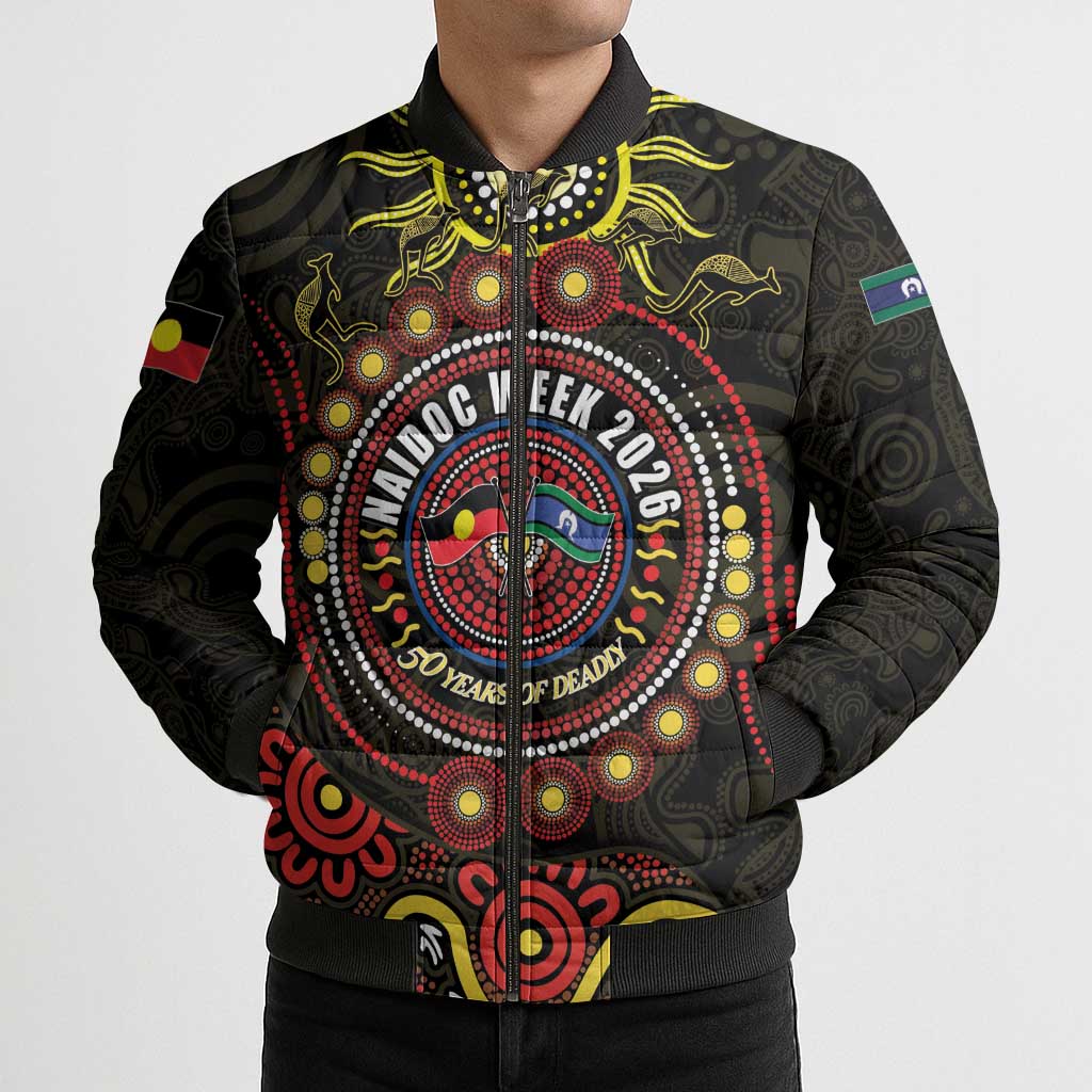 50 Years Of Deadly NAIDOC Week 2026 Bomber Puffer Jacket Aussie Kangaroo Aboriginal Art