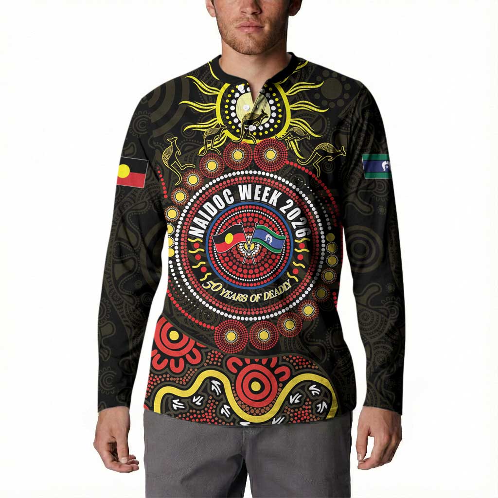 50 Years Of Deadly NAIDOC Week 2026 Button Sweatshirt Aussie Kangaroo Aboriginal Art