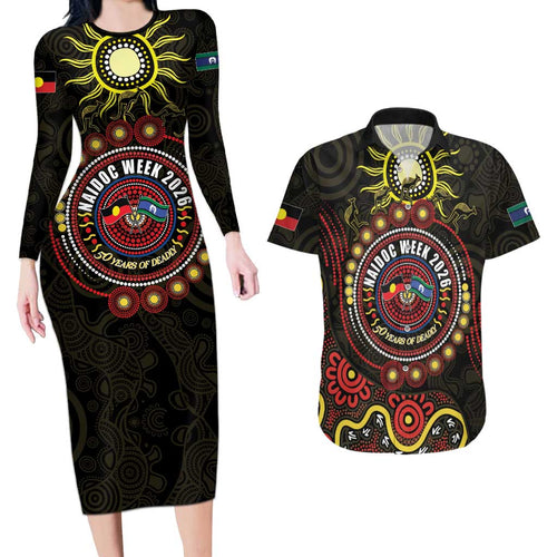 50 Years Of Deadly NAIDOC Week 2026 Couples Matching Long Sleeve Bodycon Dress and Hawaiian Shirt Aussie Kangaroo Aboriginal Art