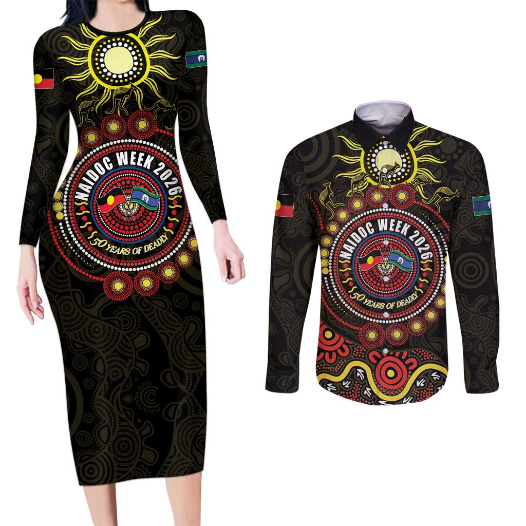 50 Years Of Deadly NAIDOC Week 2026 Couples Matching Long Sleeve Bodycon Dress and Long Sleeve Button Shirt Aussie Kangaroo Aboriginal Art