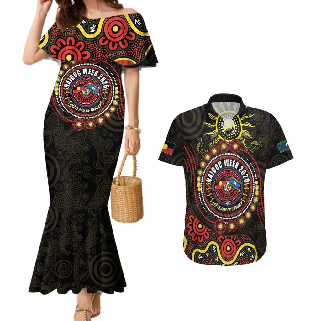 50 Years Of Deadly NAIDOC Week 2026 Couples Matching Mermaid Dress and Hawaiian Shirt Aussie Kangaroo Aboriginal Art