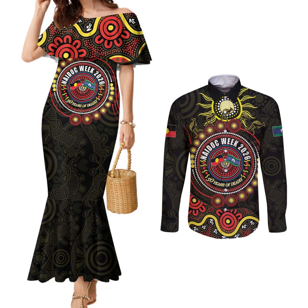 50 Years Of Deadly NAIDOC Week 2026 Couples Matching Mermaid Dress and Long Sleeve Button Shirt Aussie Kangaroo Aboriginal Art