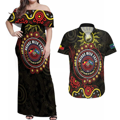 50 Years Of Deadly NAIDOC Week 2026 Couples Matching Off Shoulder Maxi Dress and Hawaiian Shirt Aussie Kangaroo Aboriginal Art