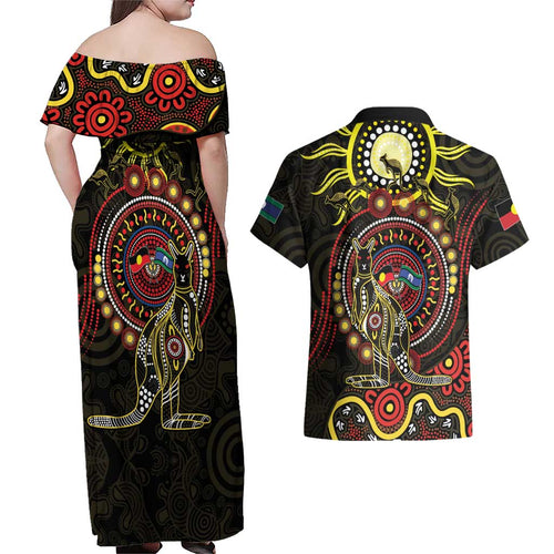 50 Years Of Deadly NAIDOC Week 2026 Couples Matching Off Shoulder Maxi Dress and Hawaiian Shirt Aussie Kangaroo Aboriginal Art