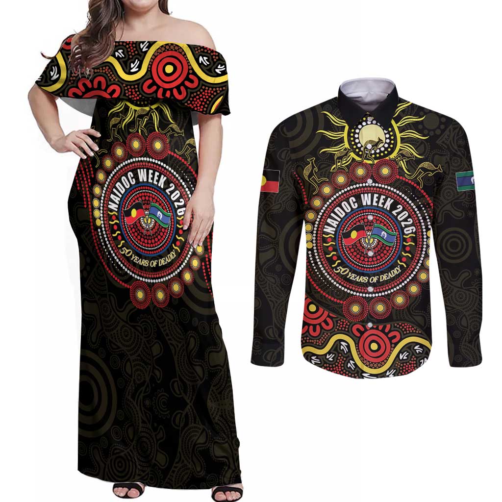 50 Years Of Deadly NAIDOC Week 2026 Couples Matching Off Shoulder Maxi Dress and Long Sleeve Button Shirt Aussie Kangaroo Aboriginal Art