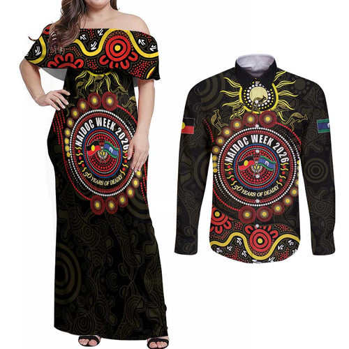 50 Years Of Deadly NAIDOC Week 2026 Couples Matching Off Shoulder Maxi Dress and Long Sleeve Button Shirt Aussie Kangaroo Aboriginal Art