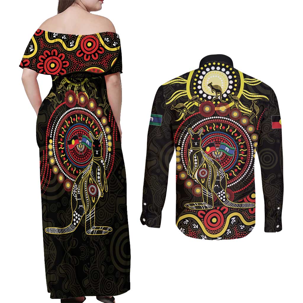 50 Years Of Deadly NAIDOC Week 2026 Couples Matching Off Shoulder Maxi Dress and Long Sleeve Button Shirt Aussie Kangaroo Aboriginal Art