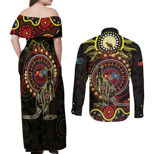50 Years Of Deadly NAIDOC Week 2026 Couples Matching Off Shoulder Maxi Dress and Long Sleeve Button Shirt Aussie Kangaroo Aboriginal Art