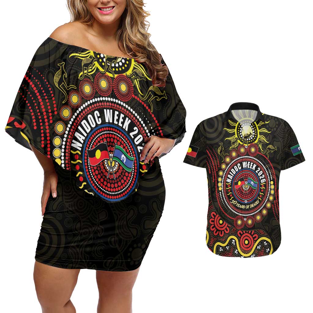 50 Years Of Deadly NAIDOC Week 2026 Couples Matching Off Shoulder Short Dress and Hawaiian Shirt Aussie Kangaroo Aboriginal Art