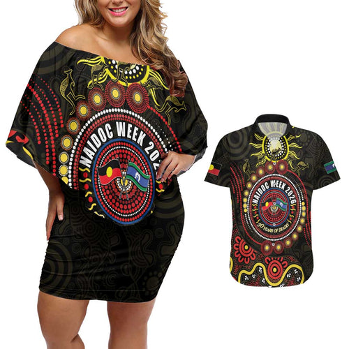 50 Years Of Deadly NAIDOC Week 2026 Couples Matching Off Shoulder Short Dress and Hawaiian Shirt Aussie Kangaroo Aboriginal Art