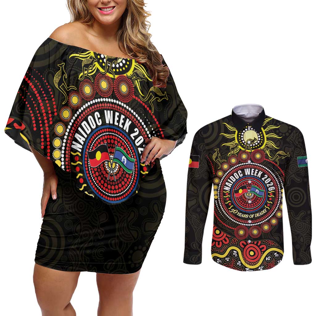 50 Years Of Deadly NAIDOC Week 2026 Couples Matching Off Shoulder Short Dress and Long Sleeve Button Shirt Aussie Kangaroo Aboriginal Art