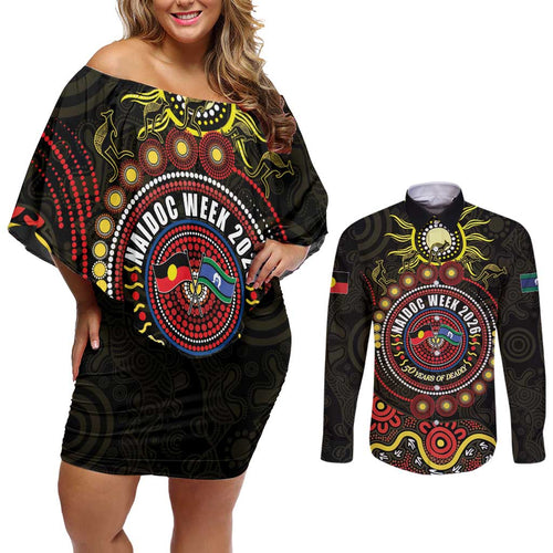 50 Years Of Deadly NAIDOC Week 2026 Couples Matching Off Shoulder Short Dress and Long Sleeve Button Shirt Aussie Kangaroo Aboriginal Art