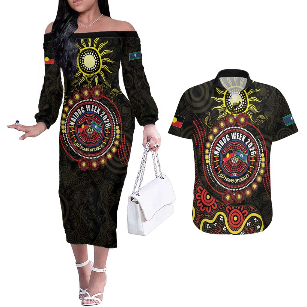 50 Years Of Deadly NAIDOC Week 2026 Couples Matching Off The Shoulder Long Sleeve Dress and Hawaiian Shirt Aussie Kangaroo Aboriginal Art