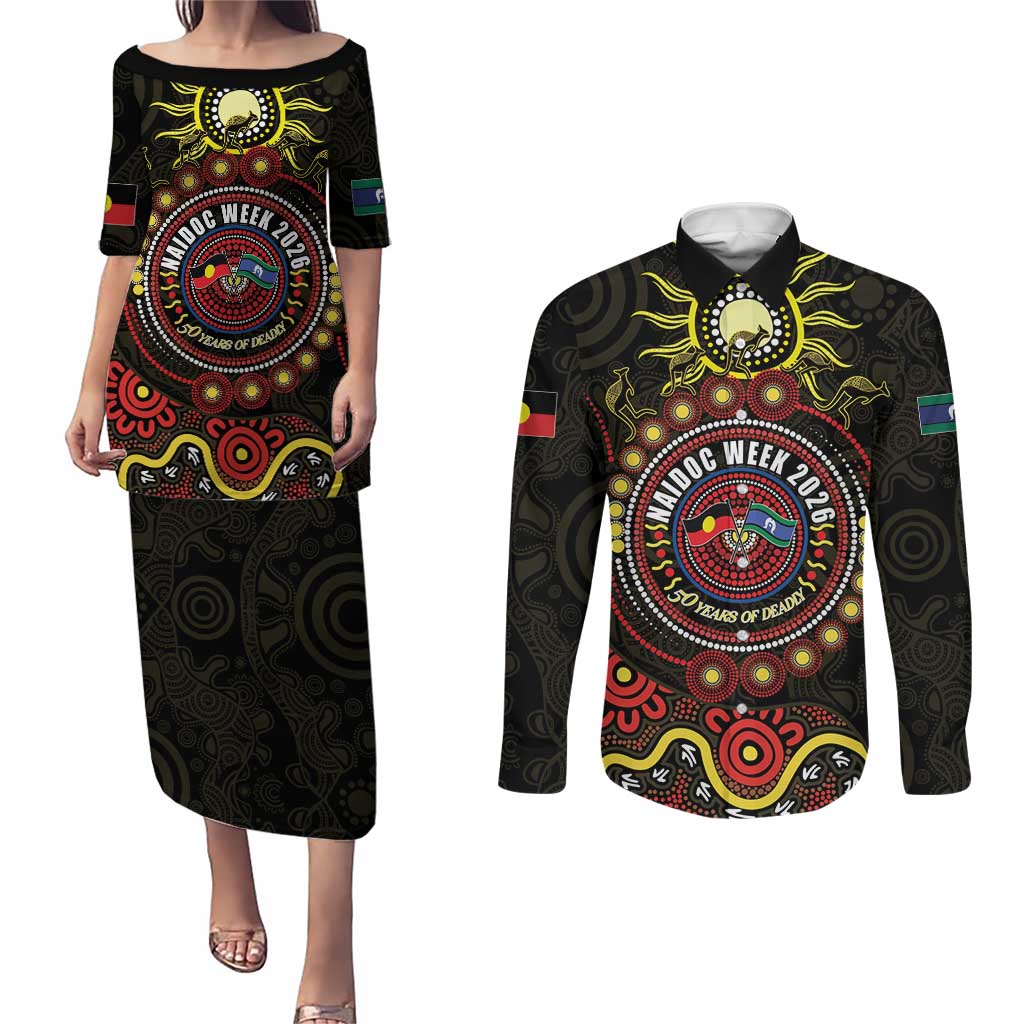 50 Years Of Deadly NAIDOC Week 2026 Couples Matching Puletasi and Long Sleeve Button Shirt Aussie Kangaroo Aboriginal Art