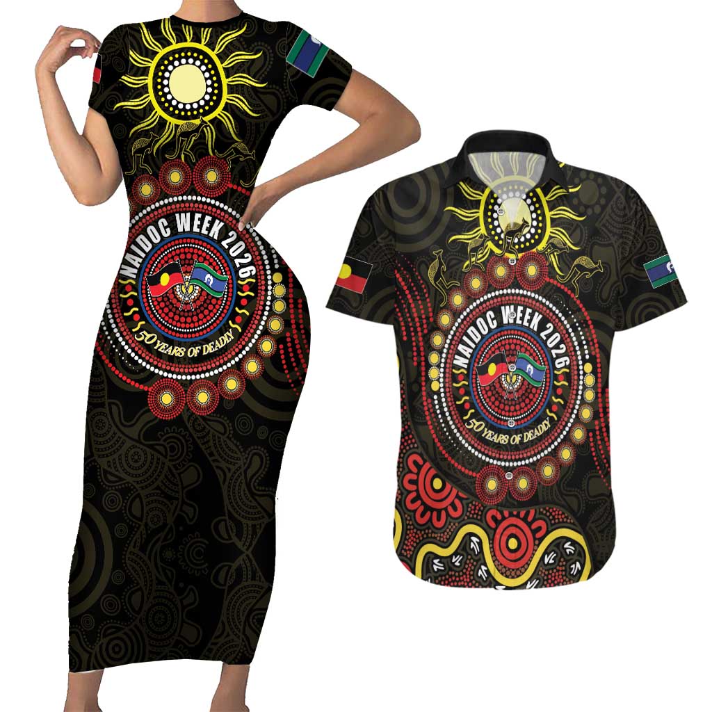 50 Years Of Deadly NAIDOC Week 2026 Couples Matching Short Sleeve Bodycon Dress and Hawaiian Shirt Aussie Kangaroo Aboriginal Art