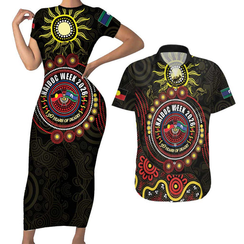 50 Years Of Deadly NAIDOC Week 2026 Couples Matching Short Sleeve Bodycon Dress and Hawaiian Shirt Aussie Kangaroo Aboriginal Art