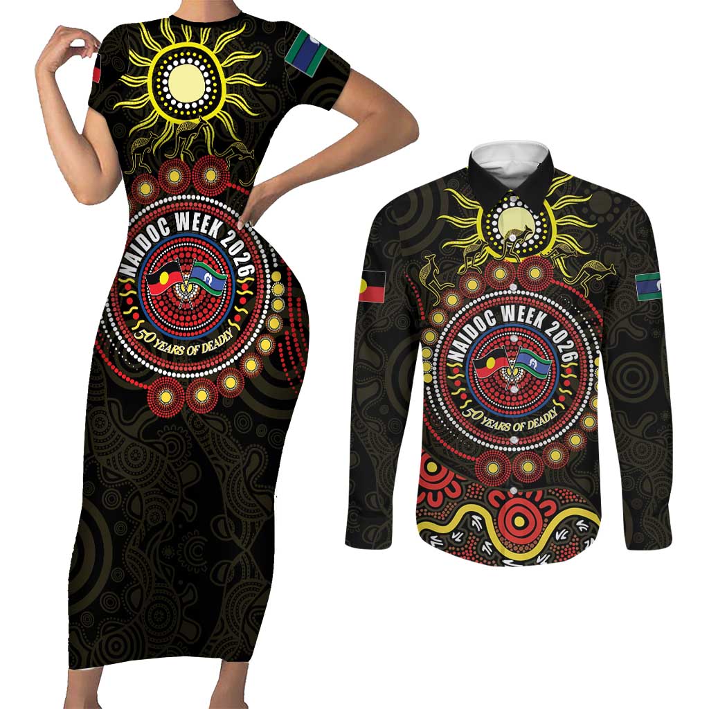 50 Years Of Deadly NAIDOC Week 2026 Couples Matching Short Sleeve Bodycon Dress and Long Sleeve Button Shirt Aussie Kangaroo Aboriginal Art