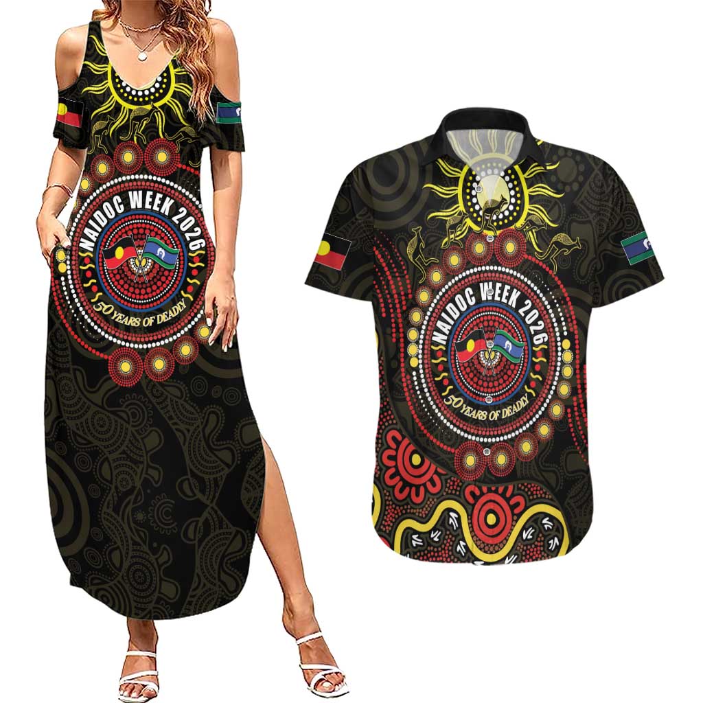 50 Years Of Deadly NAIDOC Week 2026 Couples Matching Summer Maxi Dress and Hawaiian Shirt Aussie Kangaroo Aboriginal Art