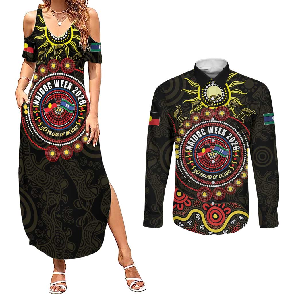 50 Years Of Deadly NAIDOC Week 2026 Couples Matching Summer Maxi Dress and Long Sleeve Button Shirt Aussie Kangaroo Aboriginal Art