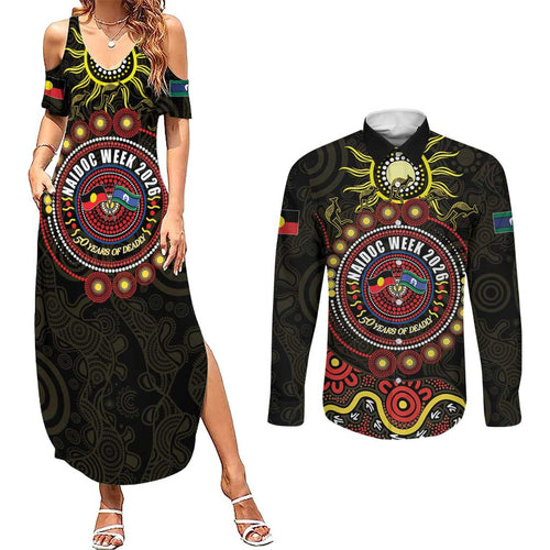 50 Years Of Deadly NAIDOC Week 2026 Couples Matching Summer Maxi Dress and Long Sleeve Button Shirt Aussie Kangaroo Aboriginal Art