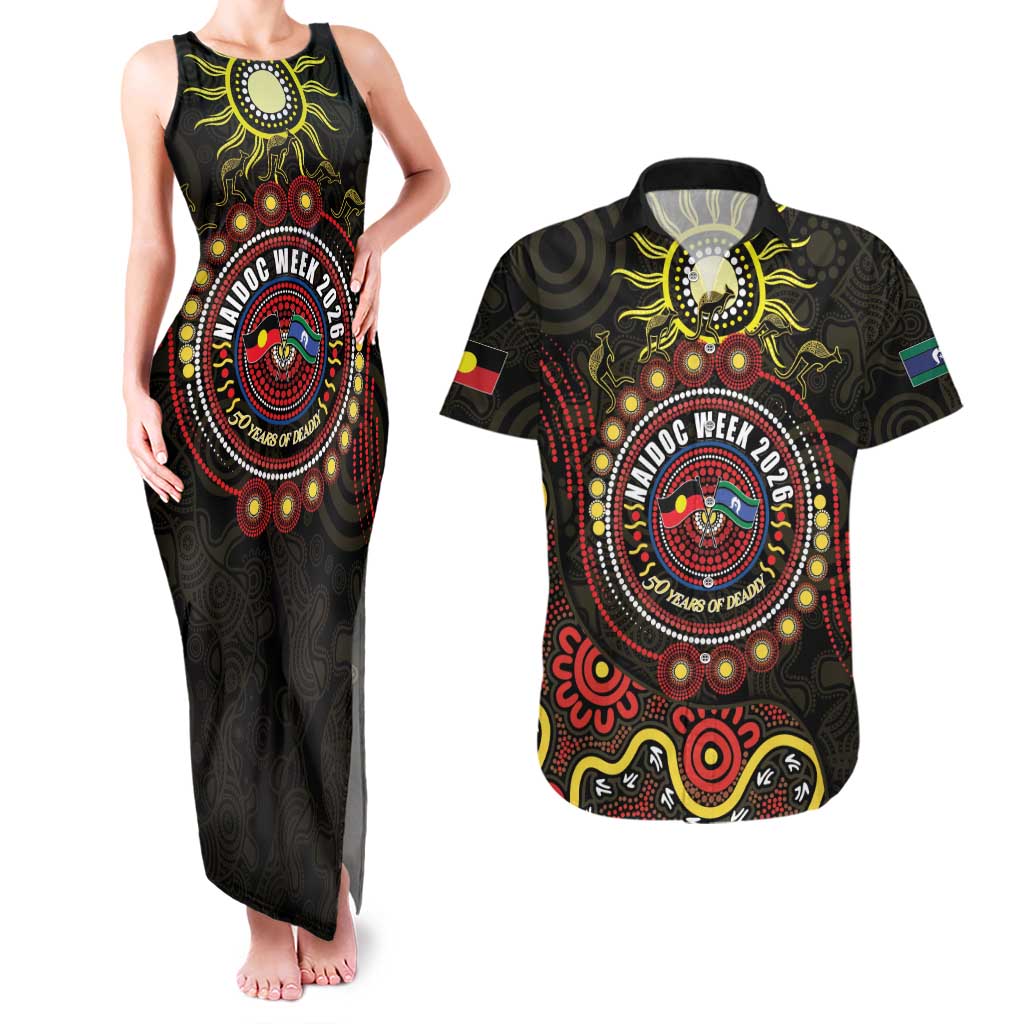 50 Years Of Deadly NAIDOC Week 2026 Couples Matching Tank Maxi Dress and Hawaiian Shirt Aussie Kangaroo Aboriginal Art