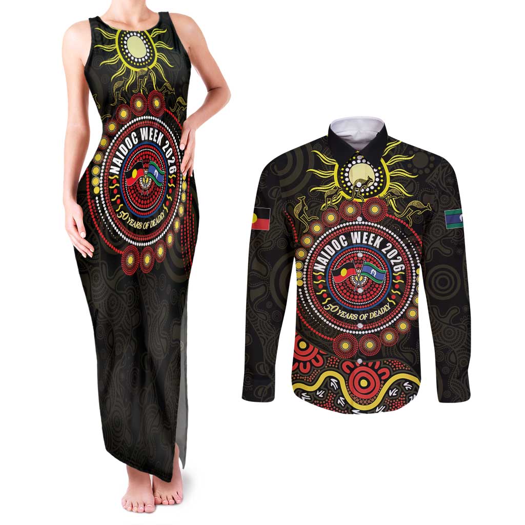 50 Years Of Deadly NAIDOC Week 2026 Couples Matching Tank Maxi Dress and Long Sleeve Button Shirt Aussie Kangaroo Aboriginal Art