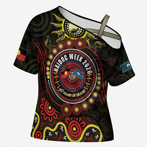 50 Years Of Deadly NAIDOC Week 2026 Cross Shoulder Shirt Aussie Kangaroo Aboriginal Art