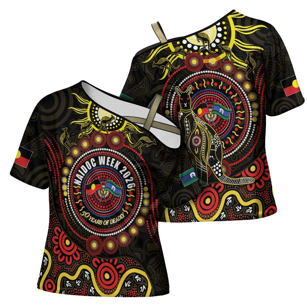50 Years Of Deadly NAIDOC Week 2026 Cross Shoulder Shirt Aussie Kangaroo Aboriginal Art