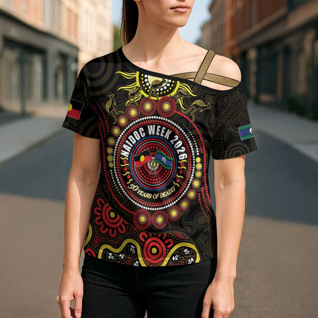 50 Years Of Deadly NAIDOC Week 2026 Cross Shoulder Shirt Aussie Kangaroo Aboriginal Art